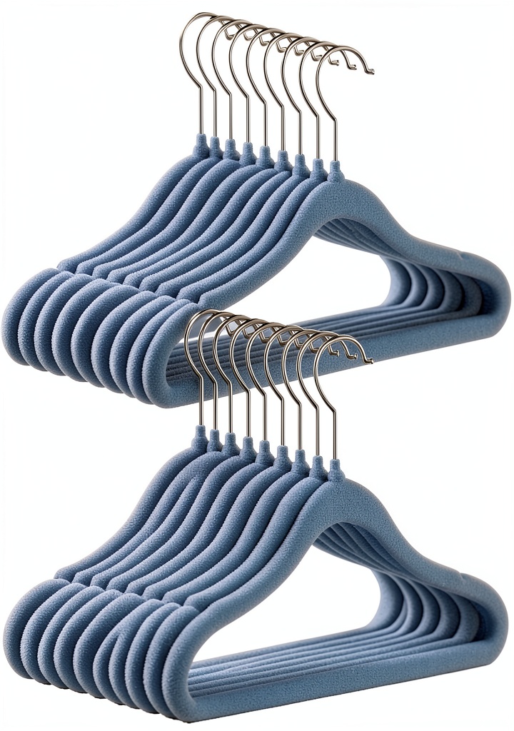Installing GoodtoU Kids Closet Hangers 11.8 Inch 20 Pack Velvet Anti‑Slip Blue on a wooden desk