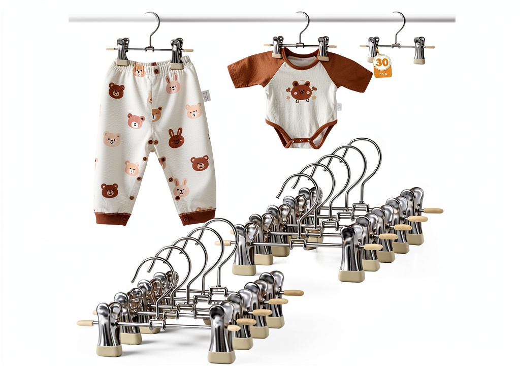 Installing Mity Rain Stainless Steel Baby Hangers 30 Pack Anti‑Slip Rotating on a wooden desk